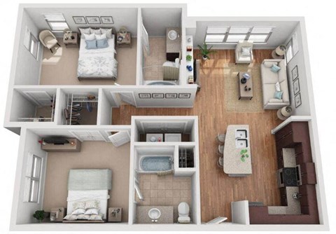 2 Bed 2 Bath Floor Plan | 999 Sq. Ft. at Mockingbird Flats Apartments in Dallas, TX